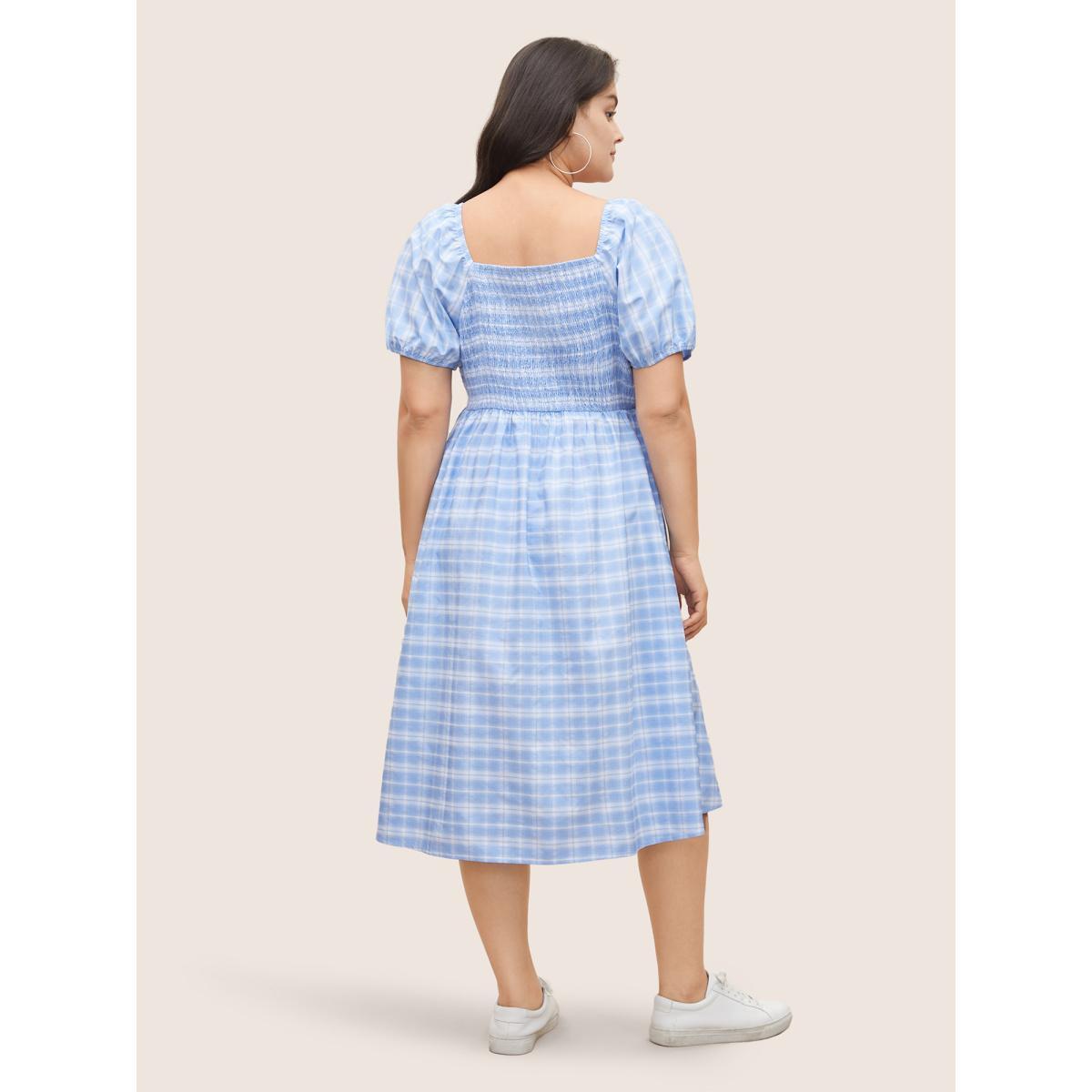 Plus Size Plaid Square Neck Gathered Shirred Dress LightBlue Women Casual Non Square Neck Short sleeve Curvy Midi Dress BloomChic 14-16/1X Product Image