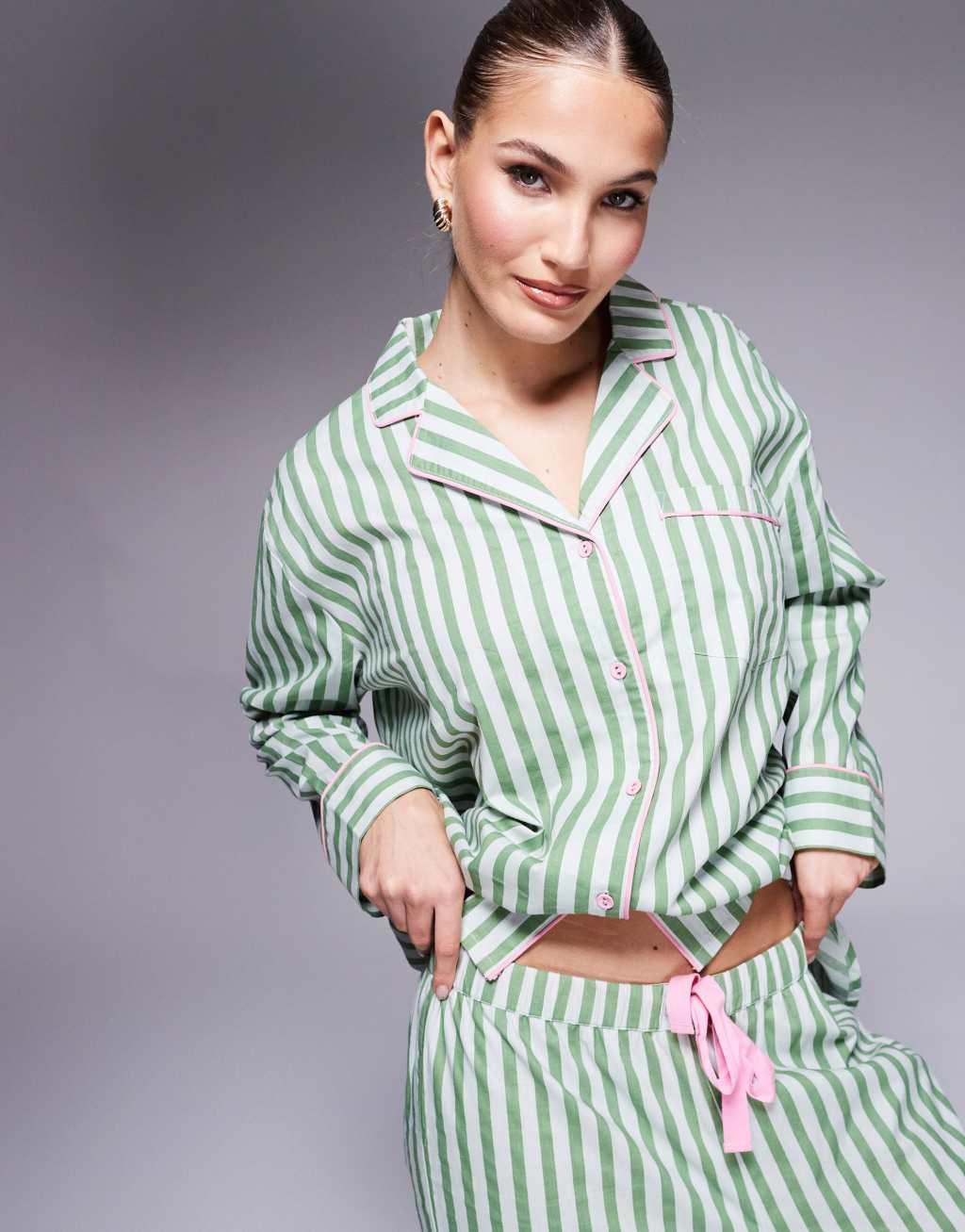 ASOS DESIGN oversized woven stripe pajama set and gift bag in green Product Image