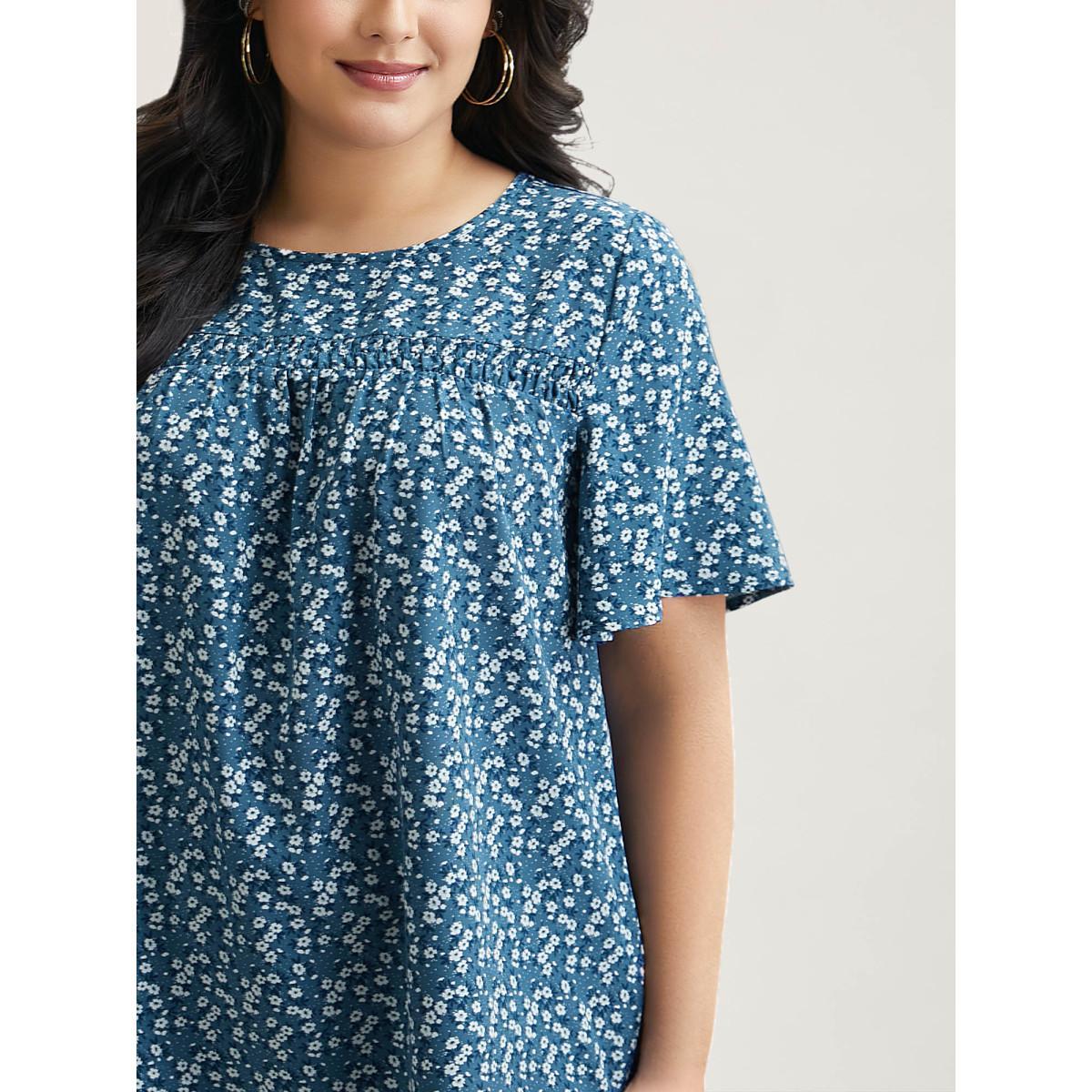 Plus Size Aegean Floral Ruffle Sleeve Gathered Round Neck Blouse Women Leisure Short sleeve Round Neck Casual Blouses BloomChic 10/M Product Image