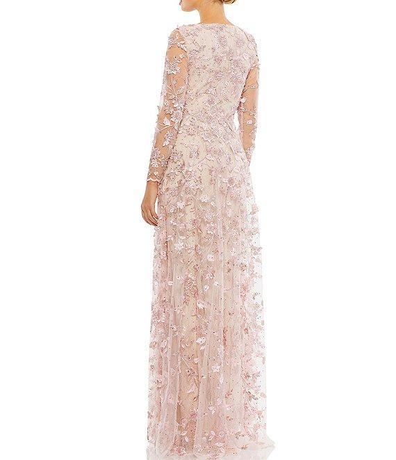 Mac Duggal Floral Applique Split V-Neck Illusion Long Sleeve Gown Product Image