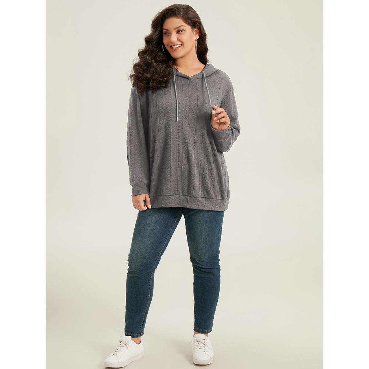 Plus Size Plain Textured Hooded Drawstring Sweatshirt Women Mauve Casual Elastic cuffs Hooded Everyday Sweatshirts BloomChic 12/L Product Image