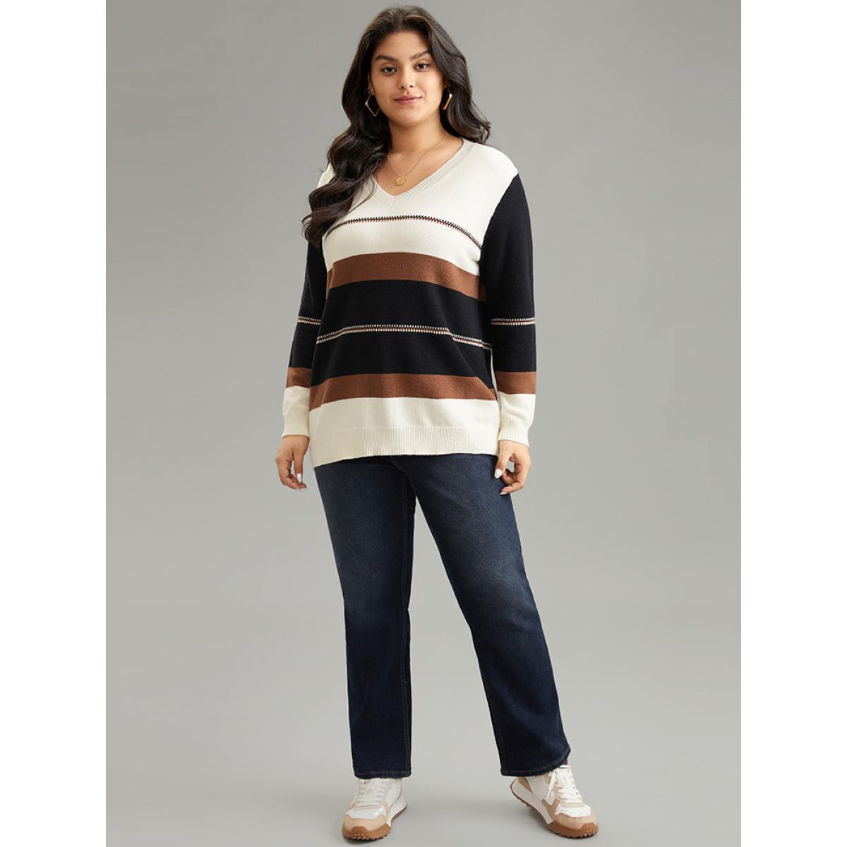 Plus Size Supersoft Essentials Colorblock Very Stretchy Pullover Multicolor Women Casual Loose Long Sleeve V-neck Dailywear Pullovers BloomChic 14-16/1X Product Image