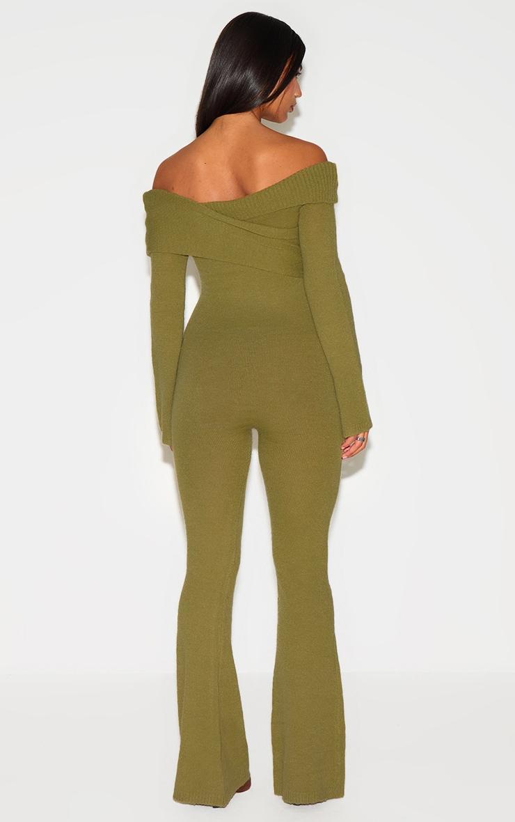 Olive Soft Knit Bardot Foldover Asymmetric Neck Jumpsuit Product Image