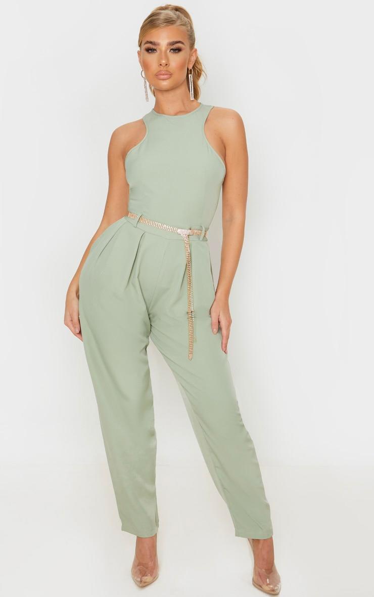 Sage Green Racer Back Pocket Detail Jumpsuit Product Image