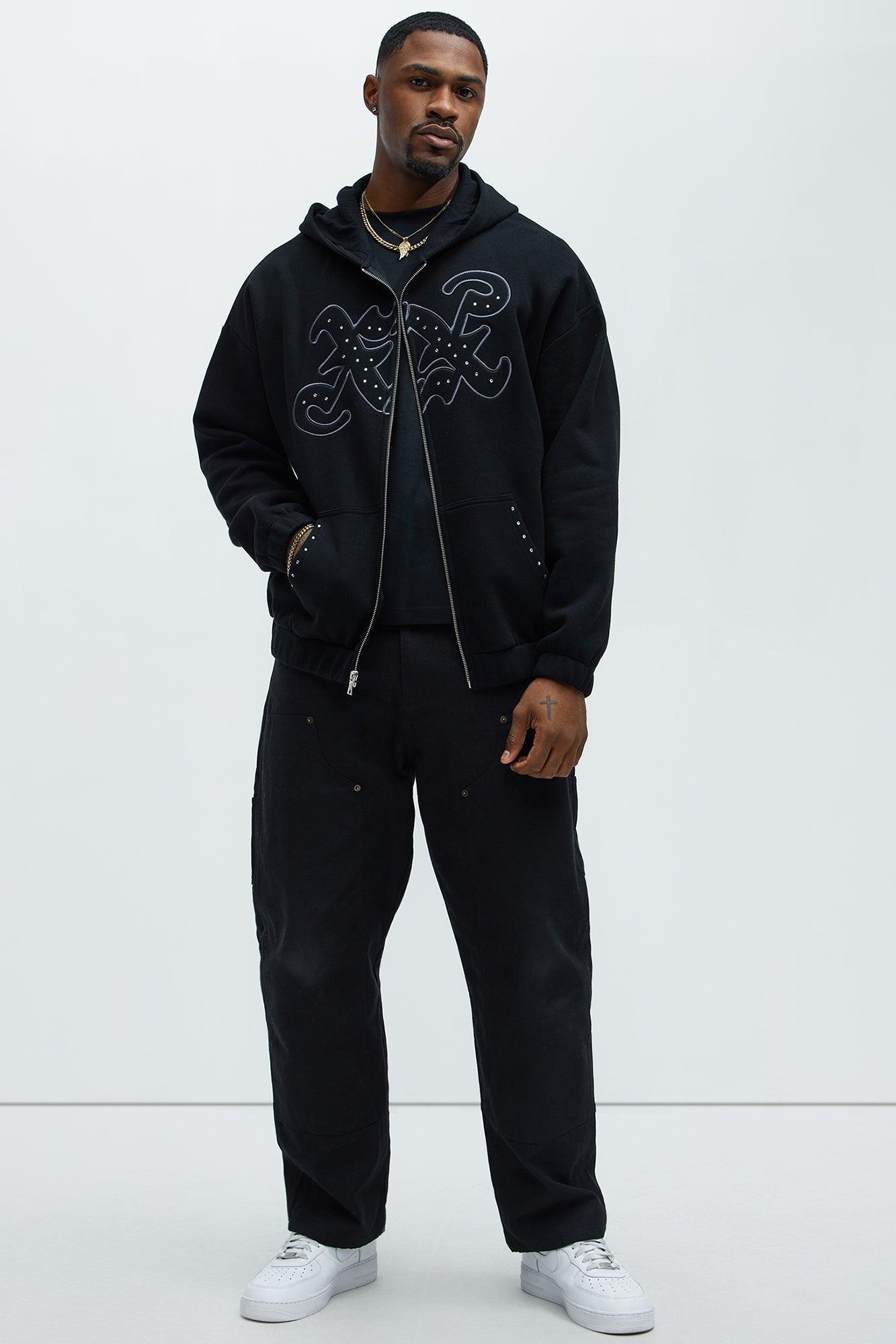 Tyson Rhinestone Oversized Zip Up Hoodie - Black Product Image