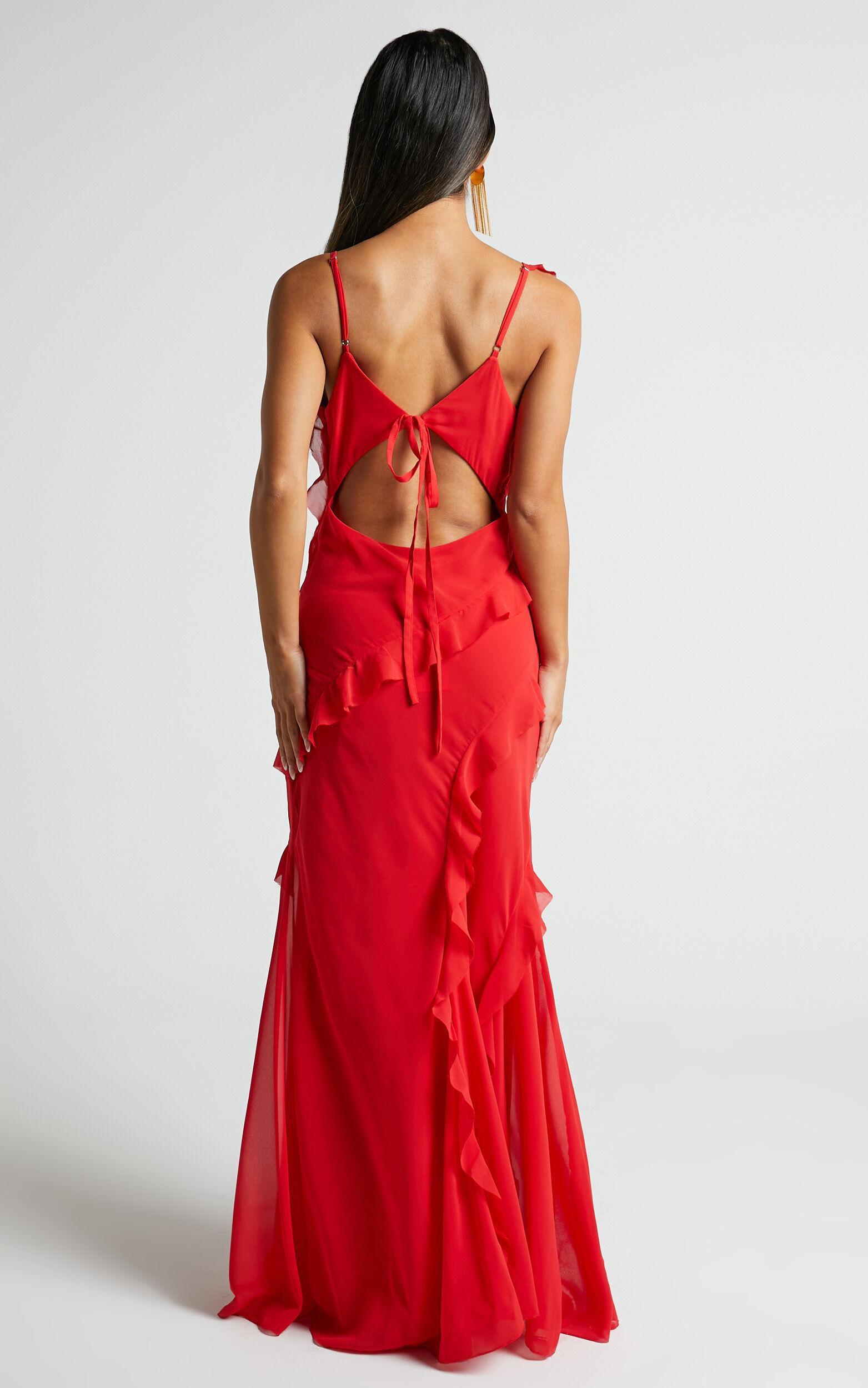 Nitha Maxi Dress - Asymmetrical Frill Thigh Split Dress in Red Product Image