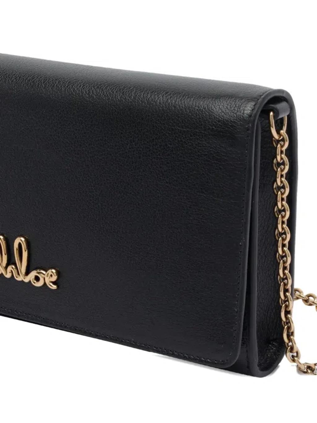 CHLOÉ Iconic Flap Wallet On Chain In Shiny Calfskin In Black Product Image