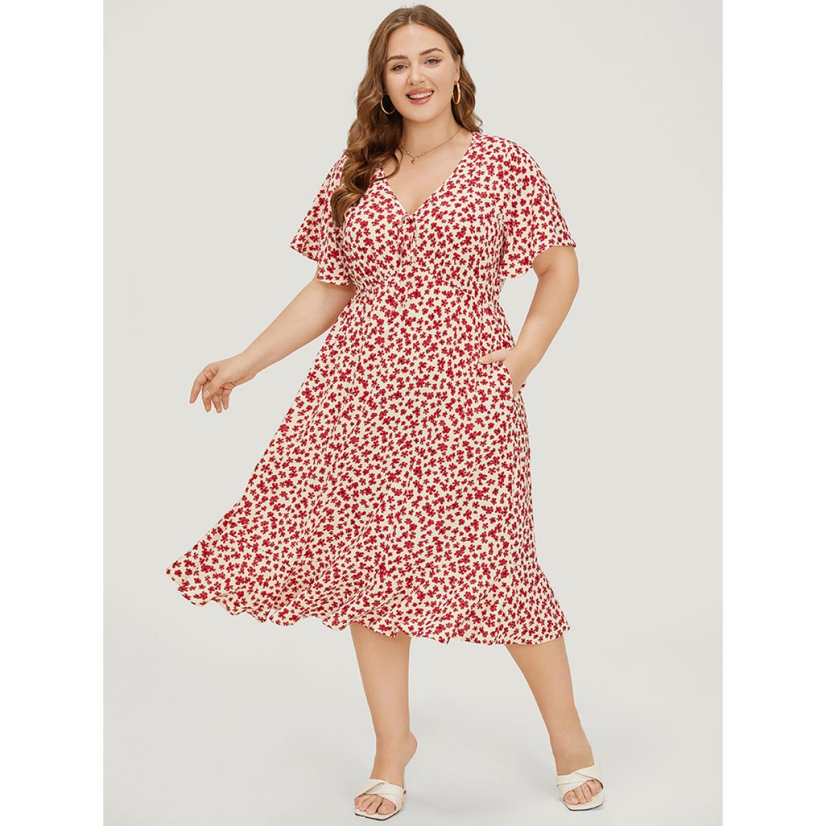 Plus Size Ditsy Floral Knot Front Pocket Ruffle Hem Dress Red Women Elegant Knotted V-neck Short sleeve Curvy Midi Dress BloomChic 30/6X Product Image