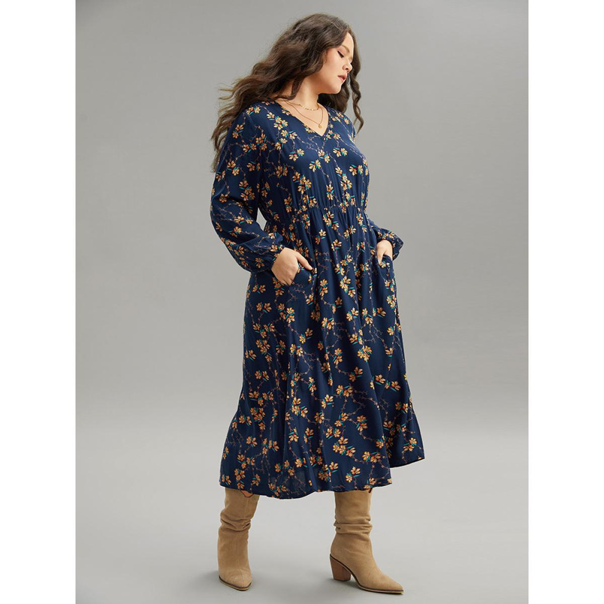 Plus Size Floral Print Elastic Waist Lantern Sleeve Dress DarkBlue Women Elegant Elastic cuffs V-neck Long Sleeve Curvy Midi Dress BloomChic 26/4X Product Image