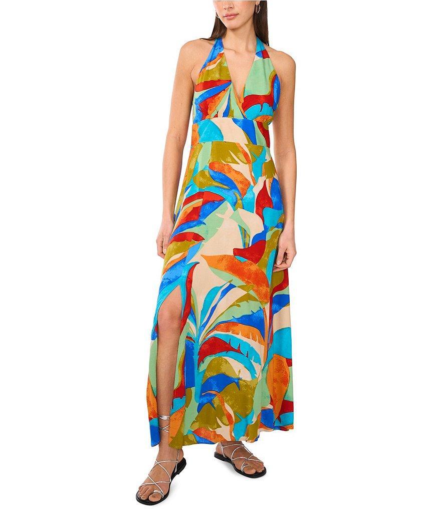 Vince Camuto Woven Abstract Print Halter Neckline Sleeveless Beaded Maxi Dress Product Image