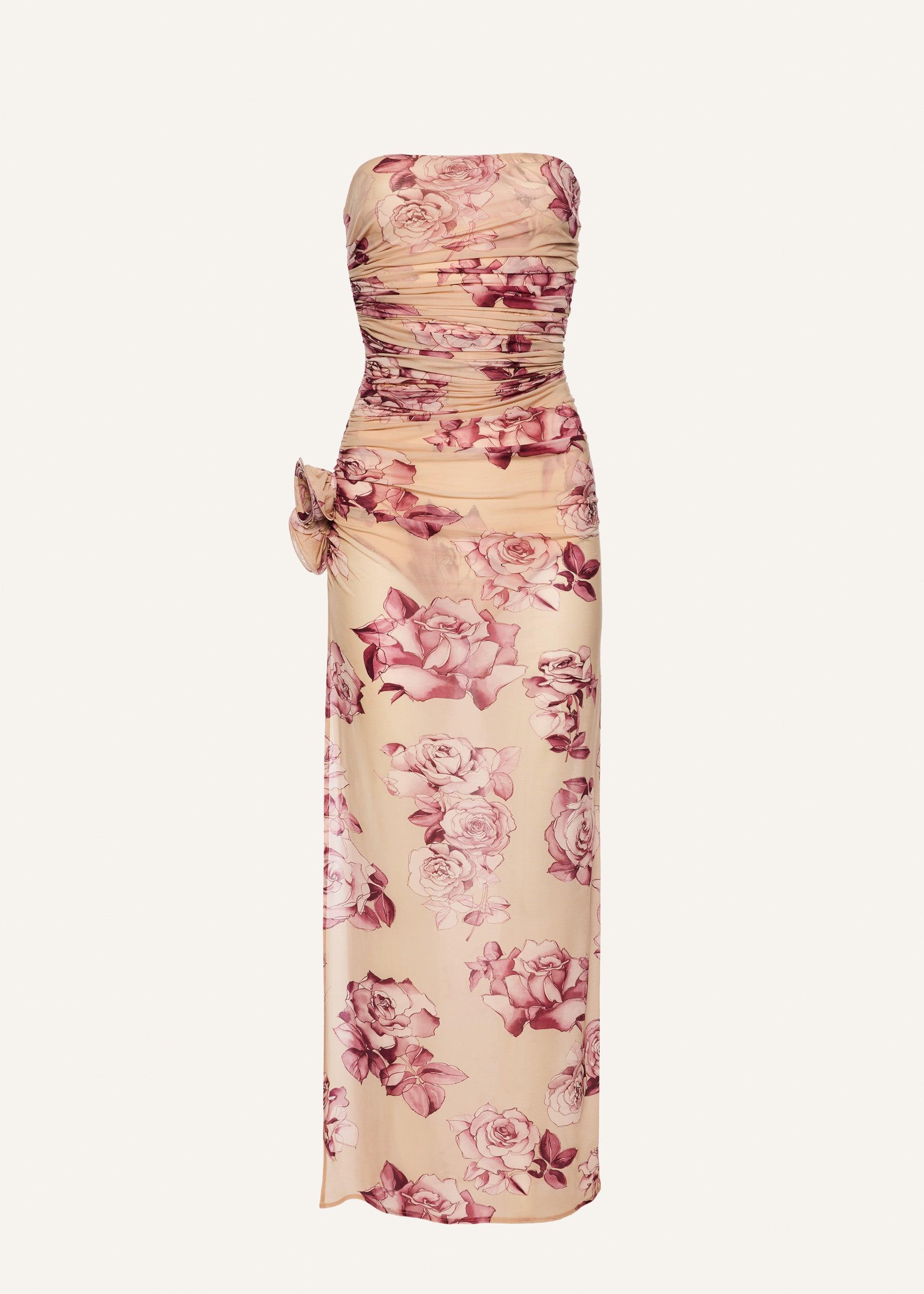 Strapless flower applique midi dress in beige print Product Image