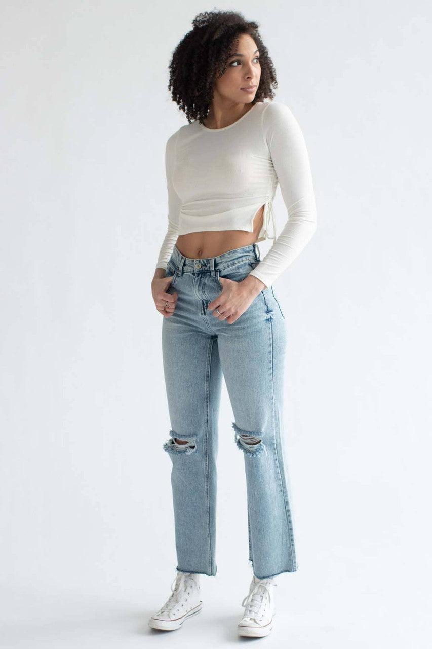 Ivory Ruched Side Slit Ribbed Long Sleeve Top Product Image