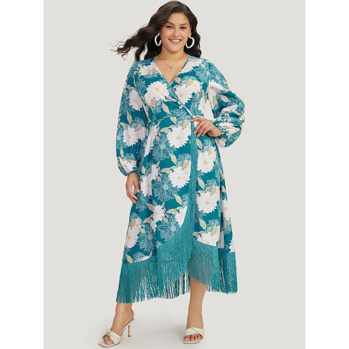 Plus Size Floral Print Wrap Tassel Trim Lantern Sleeve Dress Cerulean Women Elegant Elastic cuffs V-neck Long Sleeve Curvy Midi Dress BloomChic 30/6X Product Image