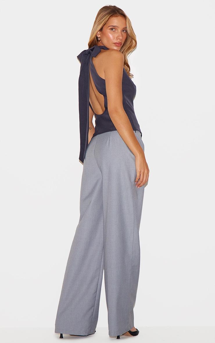 Navy Woven High Neck Tie Detail Top Product Image