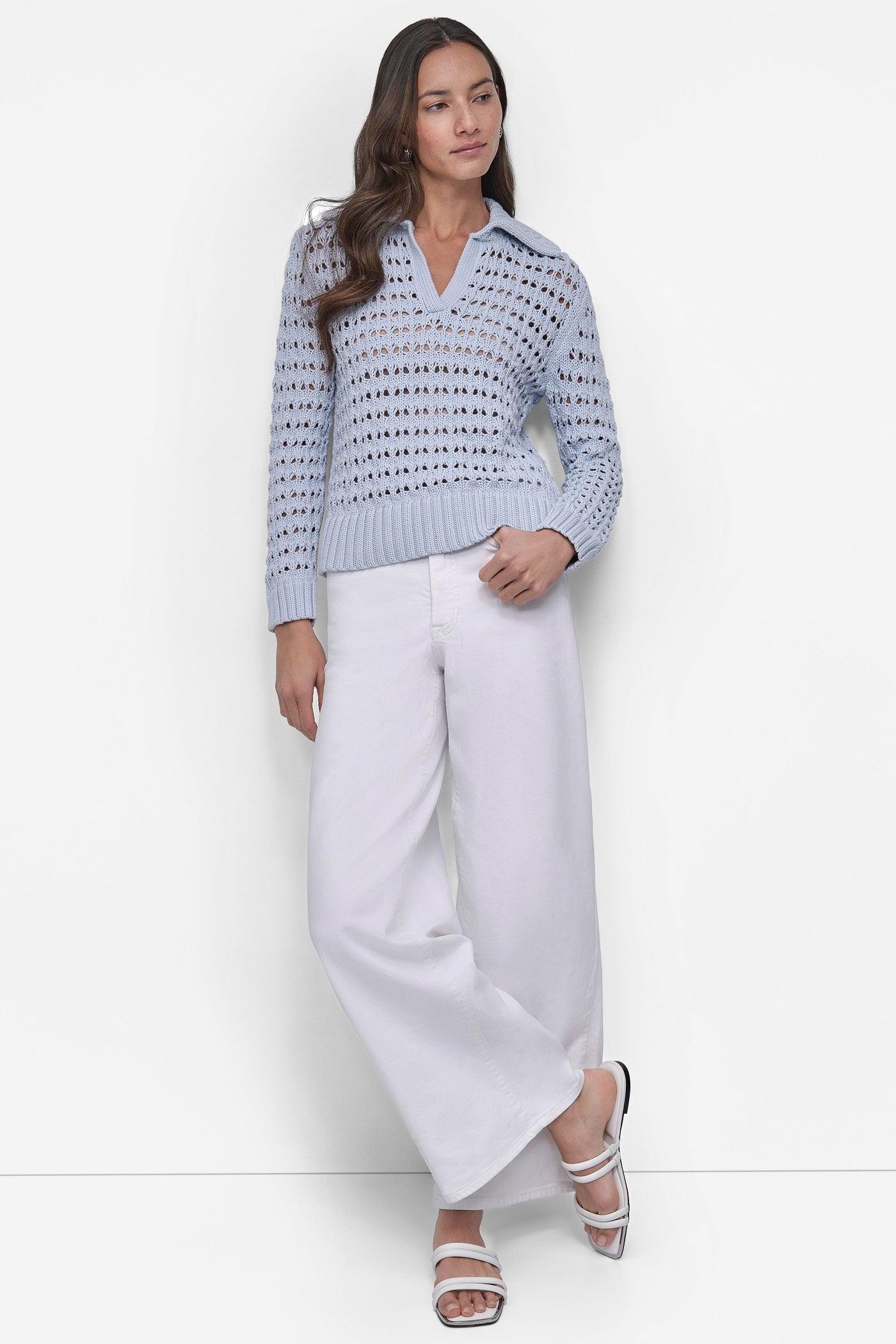 LONG SLEEVE OPEN POINTELLE STITCH POLO COLLAR SWEATER Product Image