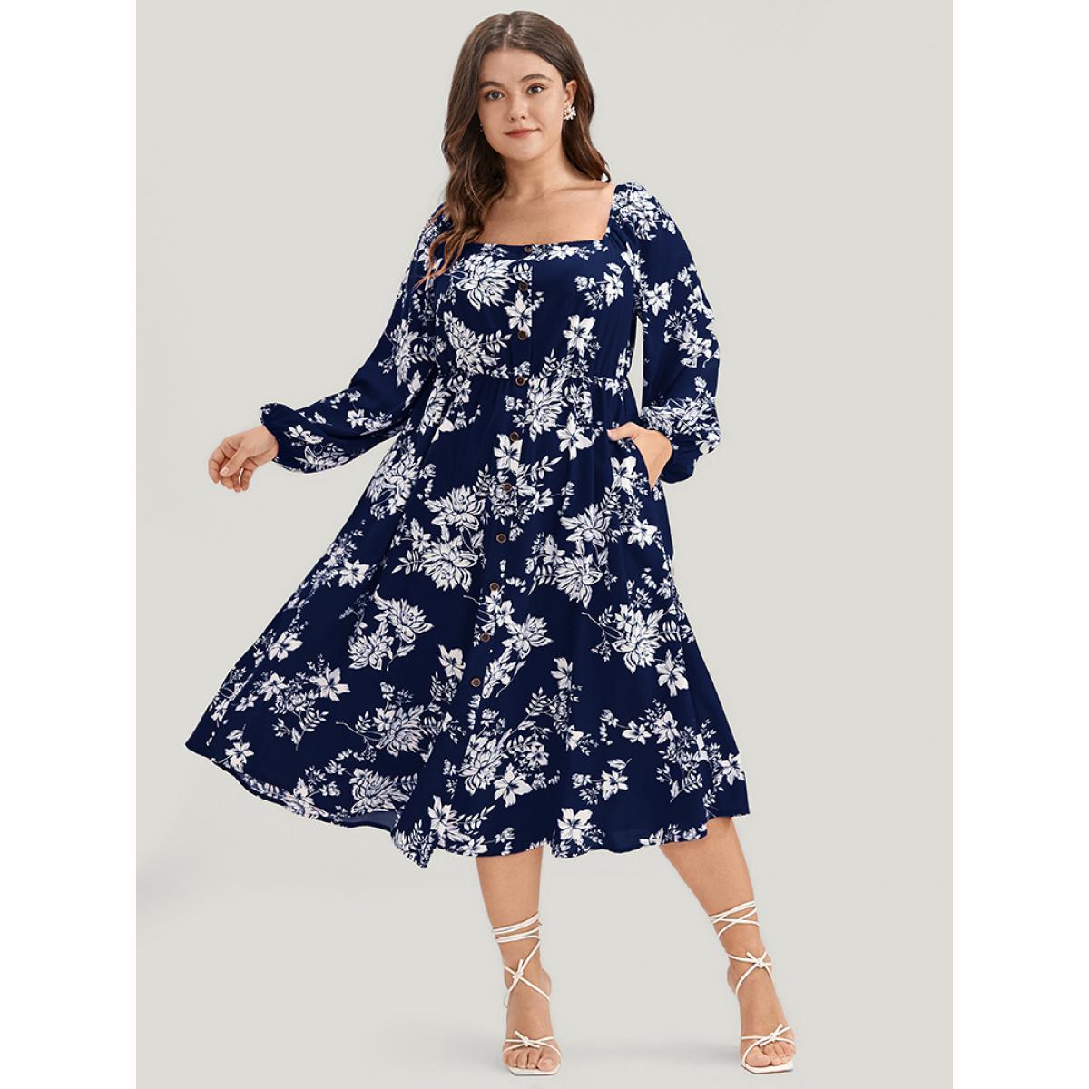 Plus Size Floral Square Neck Lantern Sleeve Pocket Button Detail Dress DarkBlue Women Dating Printed Square Neck Long Sleeve Curvy Midi Dress BloomChic 14-16/1X Product Image