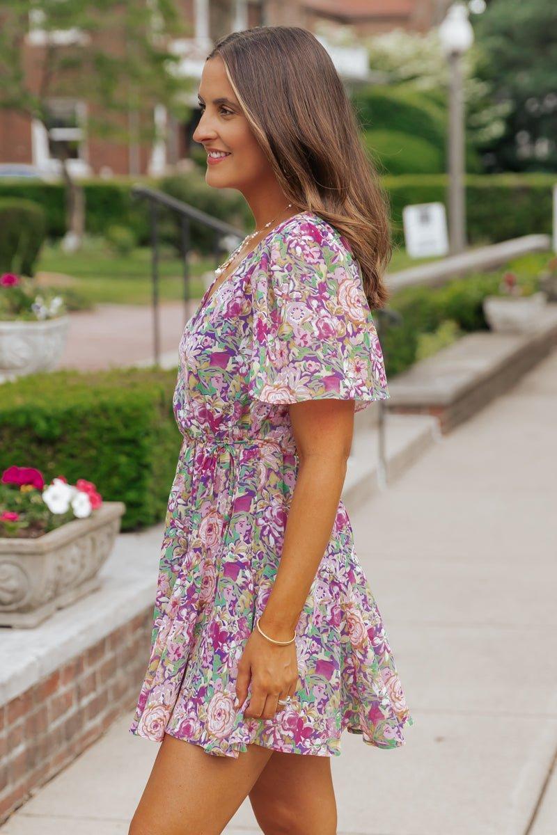 Purple Floral Print Surplice Mini Dress - FINAL SALE Product Image