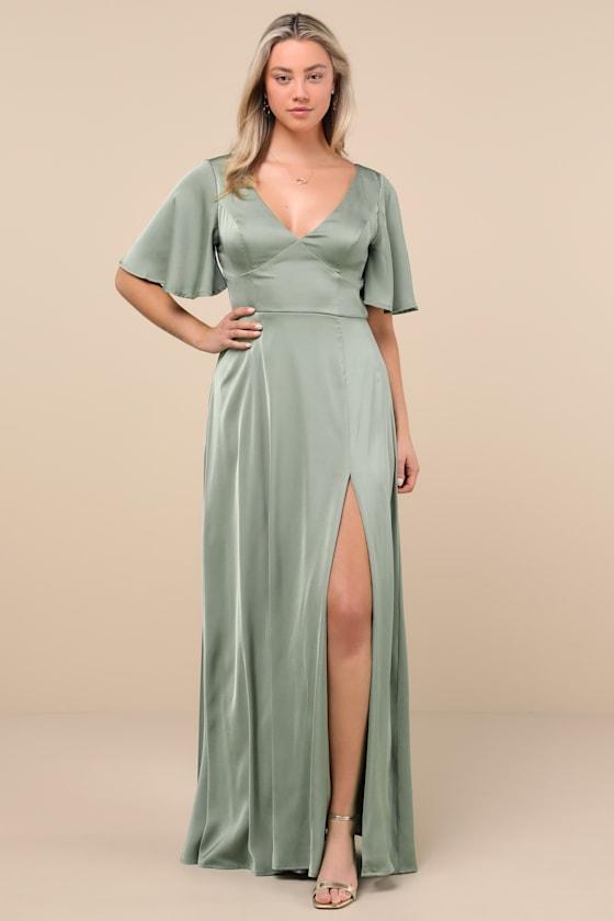 Elegant Confidence Sage Satin Flutter Sleeve Cutout Maxi Dress Product Image