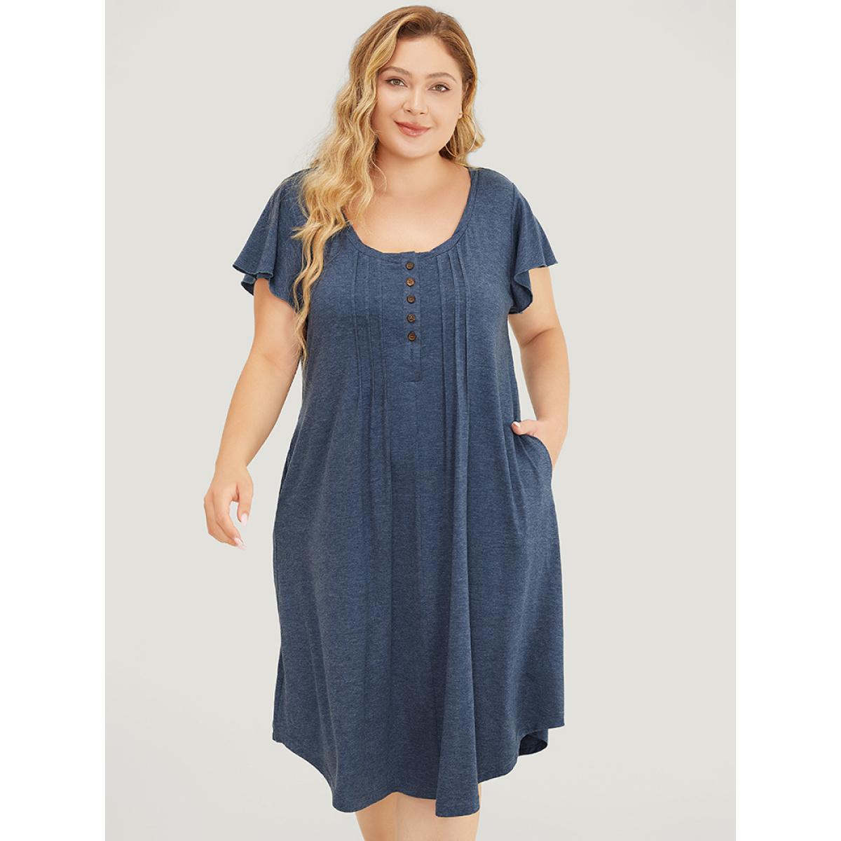 Plus Size Plain Pleated Ruffle Sleeve Pocket Button Up Curved Hem Dress Stone Women Casual Arc Hem Round Neck Cap Sleeve Curvy Midi Dress BloomChic 28/5X Product Image