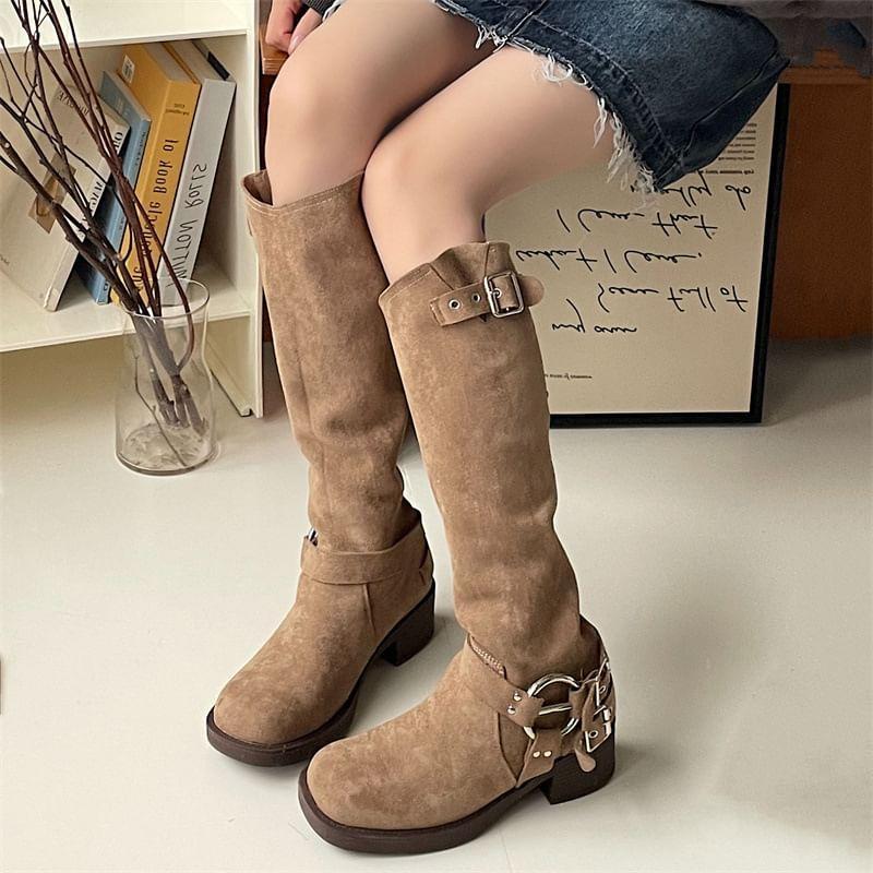 Buckled Chunky Heel Tall Boots Product Image