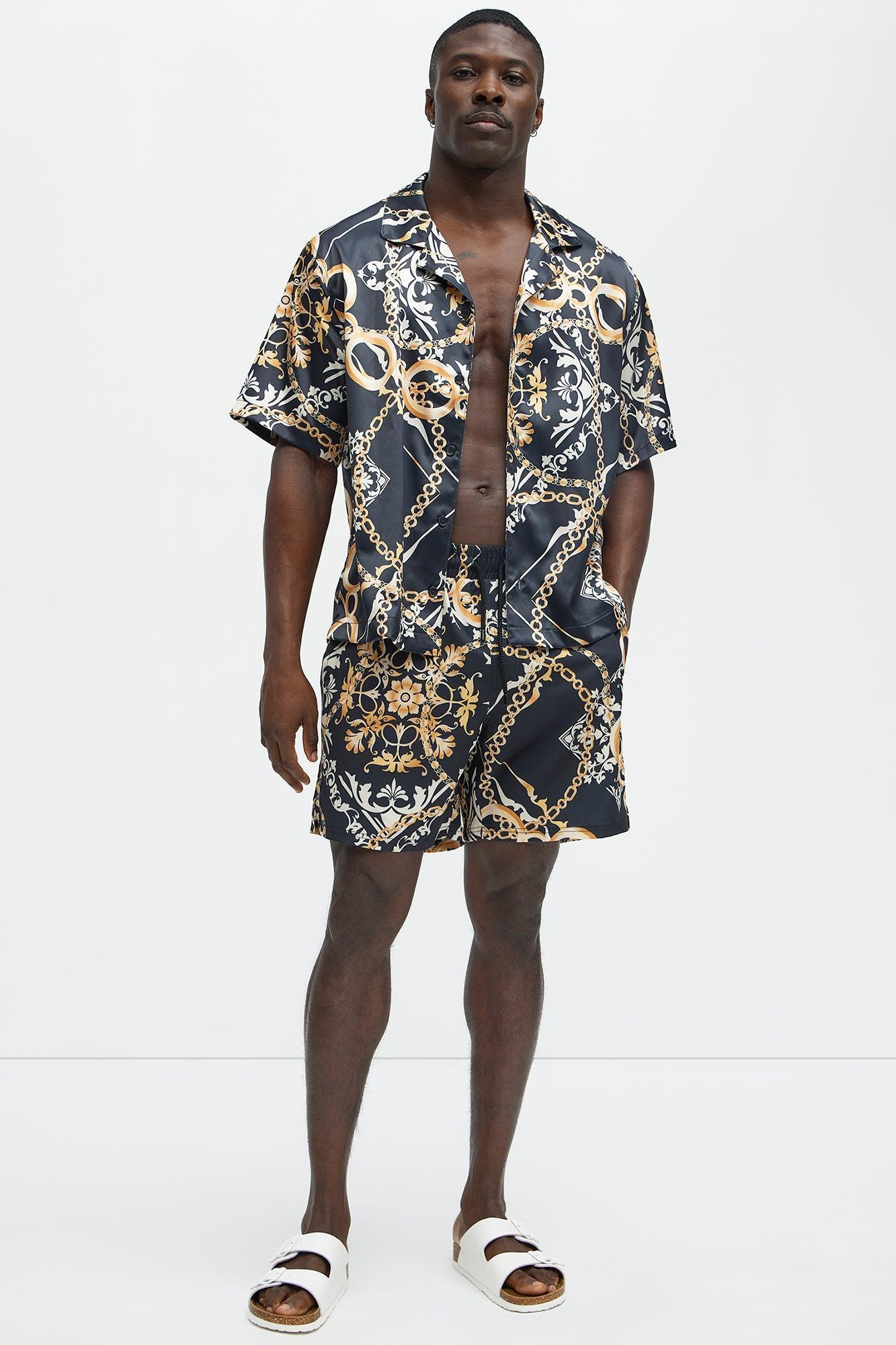 Baroque Chain Cuban Collar Button Up Shirt - Black/Gold Product Image