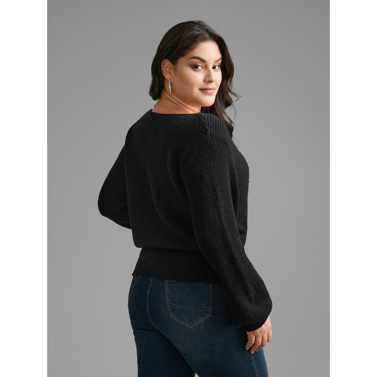 Plus Size Overlap Collar Textured Lantern Sleeve Pullover Black Women Casual Loose Long Sleeve Overlap Collar Everyday Pullovers BloomChic 10/M Product Image