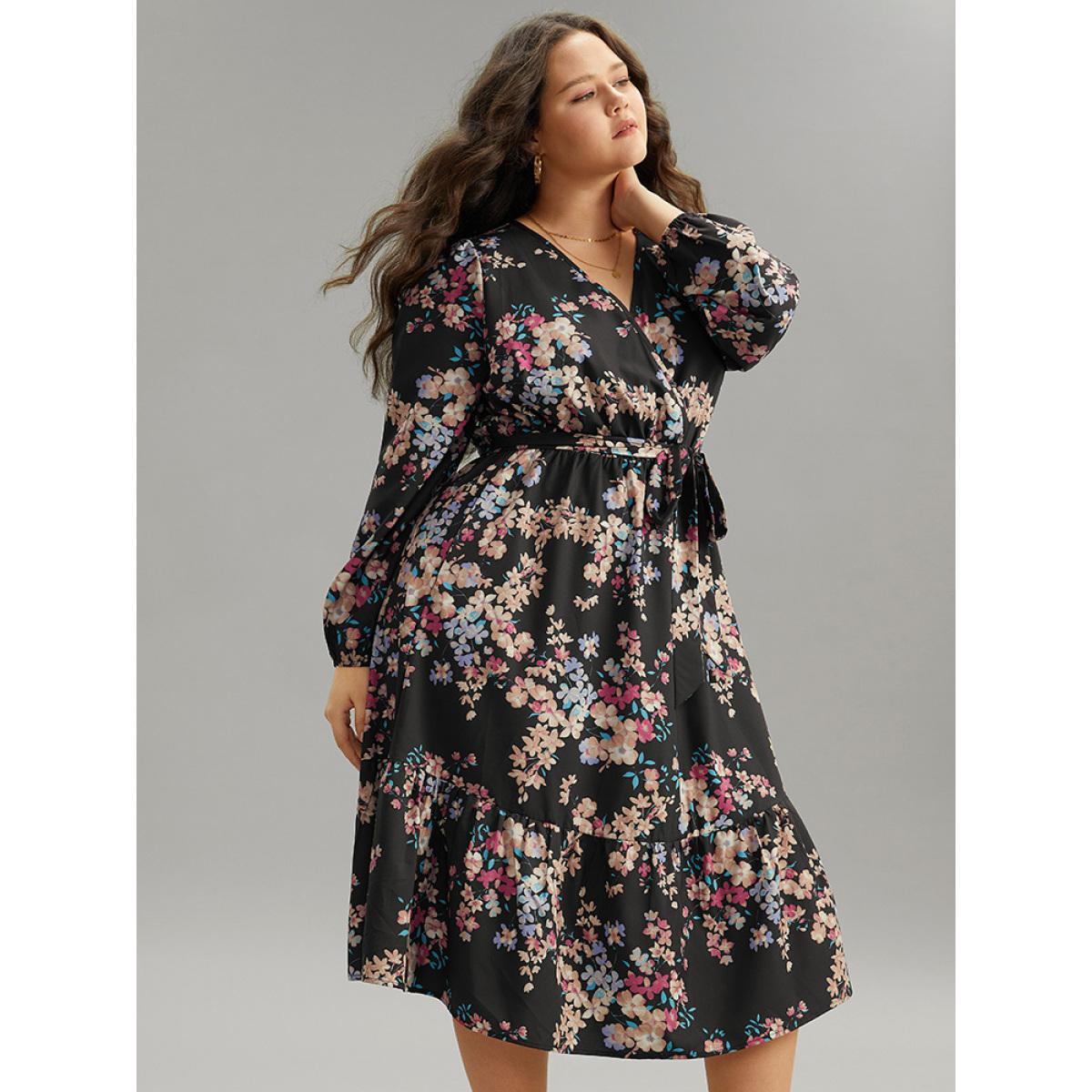 Plus Size Floral Print Overlap Collar Elastic Cuffs Dress Black Women Elegant Elastic cuffs Overlap Collar Long Sleeve Curvy Midi Dress BloomChic 12/L Product Image