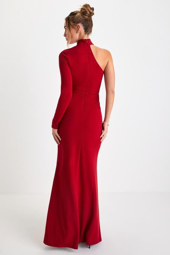 Keep It Interesting Red Cutout One-Shoulder Maxi Dress Product Image
