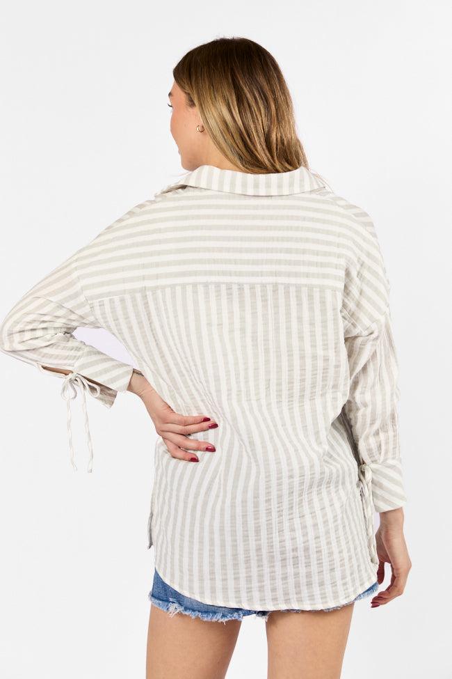 Cruel Summer Tan and Ivory Striped Gauze Button Down Top SALE Product Image