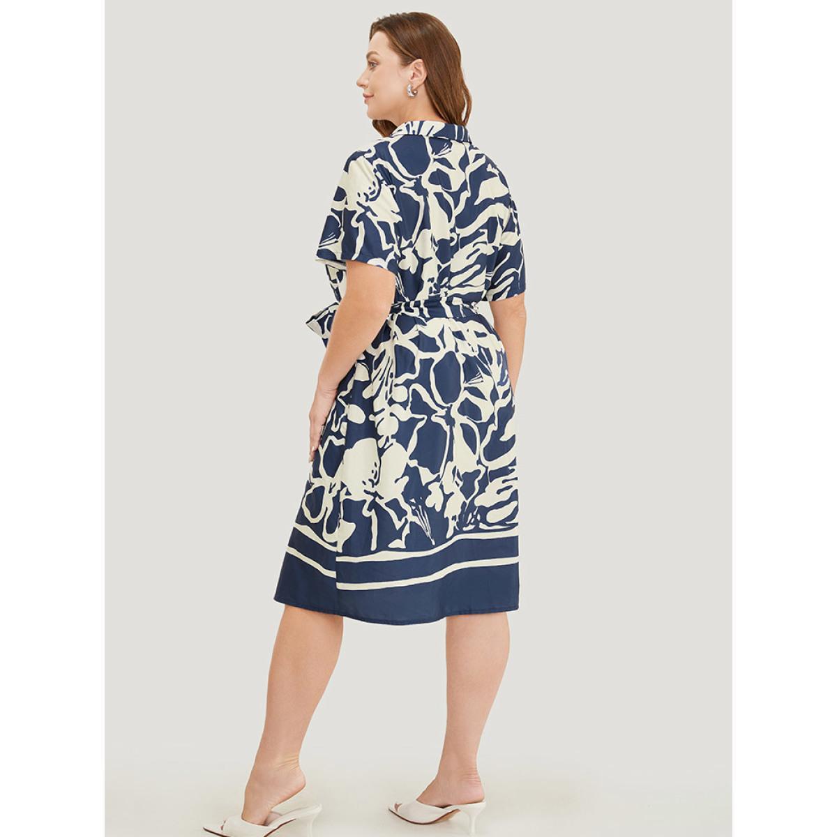 Plus Size Geometric Print Flutter Pocket Belt Shirt Collar Dress DarkBlue Women Elegant Lapel Collar Short sleeve Curvy Knee Dress BloomChic 30/6X Product Image