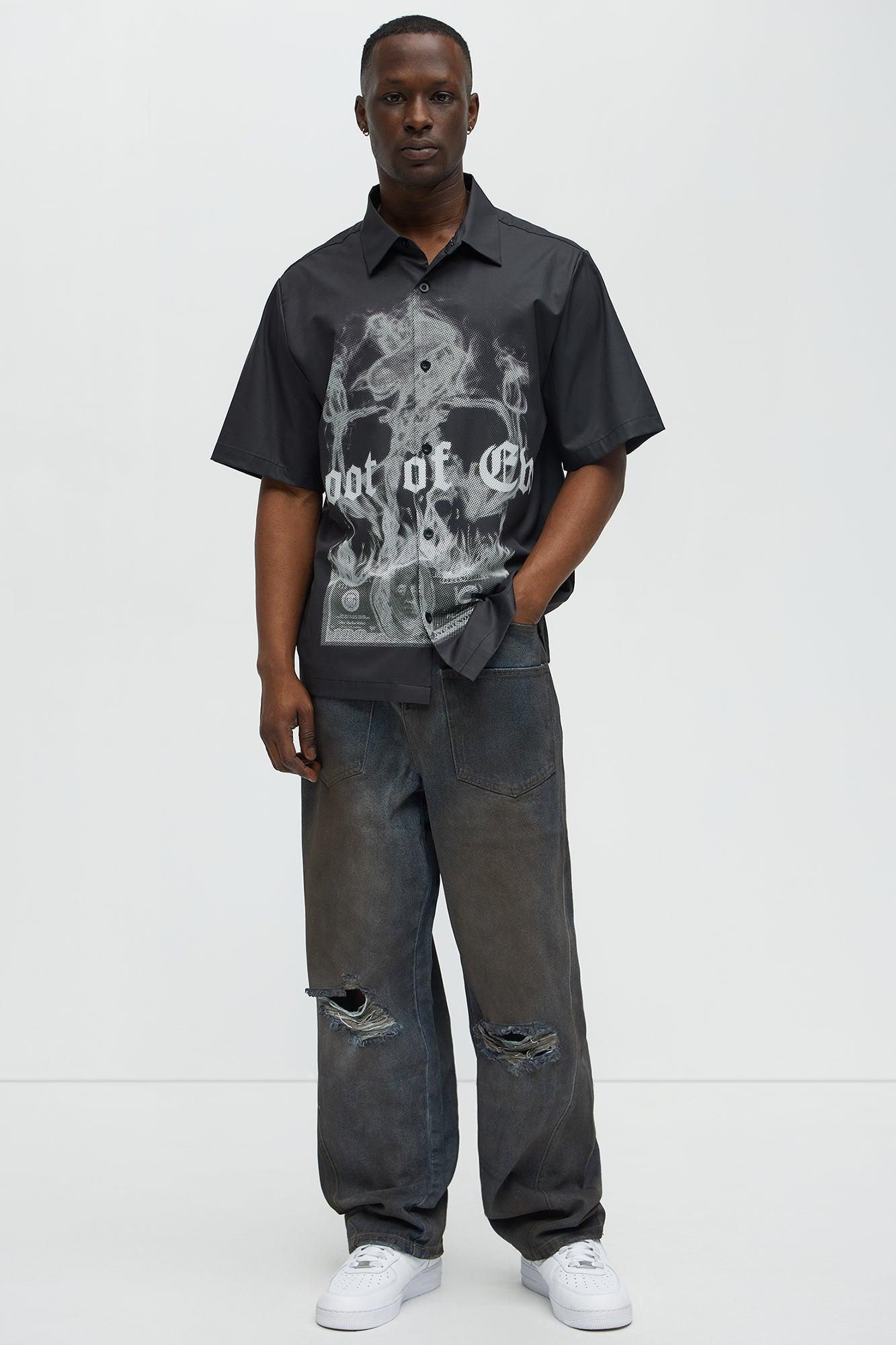 Smoking Skeleton Graphic Button Up Shirt - Black Product Image