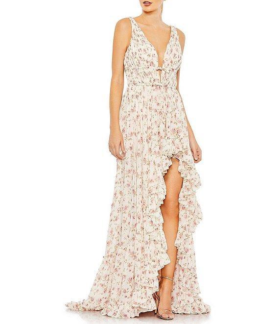 Mac Duggal Floral Print Sleeveless Ruffle Tiered High-Low Plunging V-Neck Gown Product Image