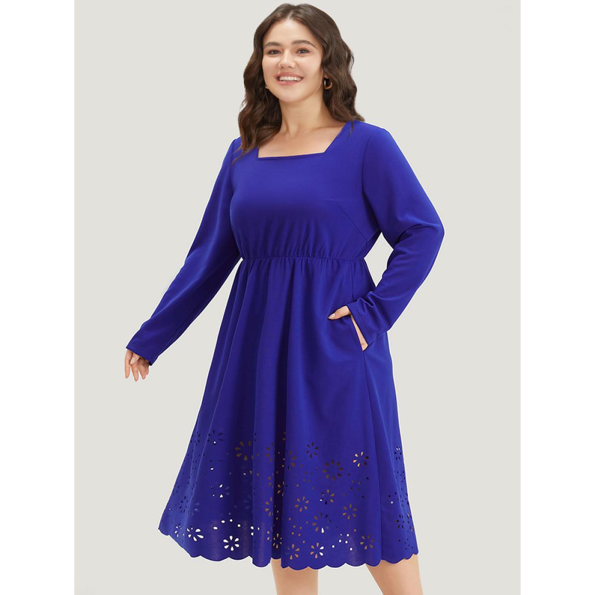Plus Size Plain Laser Cut Gathered Square Neck Dress DarkBlue Women Elegant Plain Square Neck Long Sleeve Curvy Midi Dress BloomChic 22-24/3X Product Image