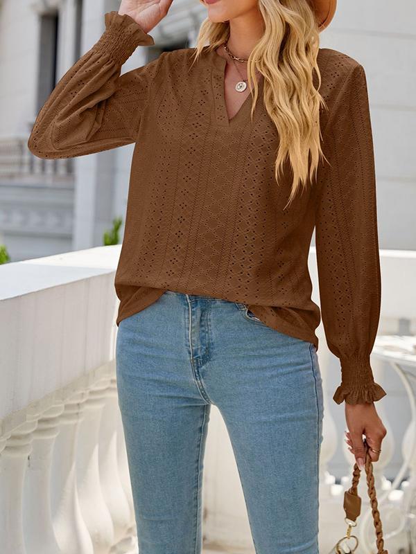 Long Sleeves Loose Elasticity Hollow Solid Color V-Neck T-Shirts Tops Product Image