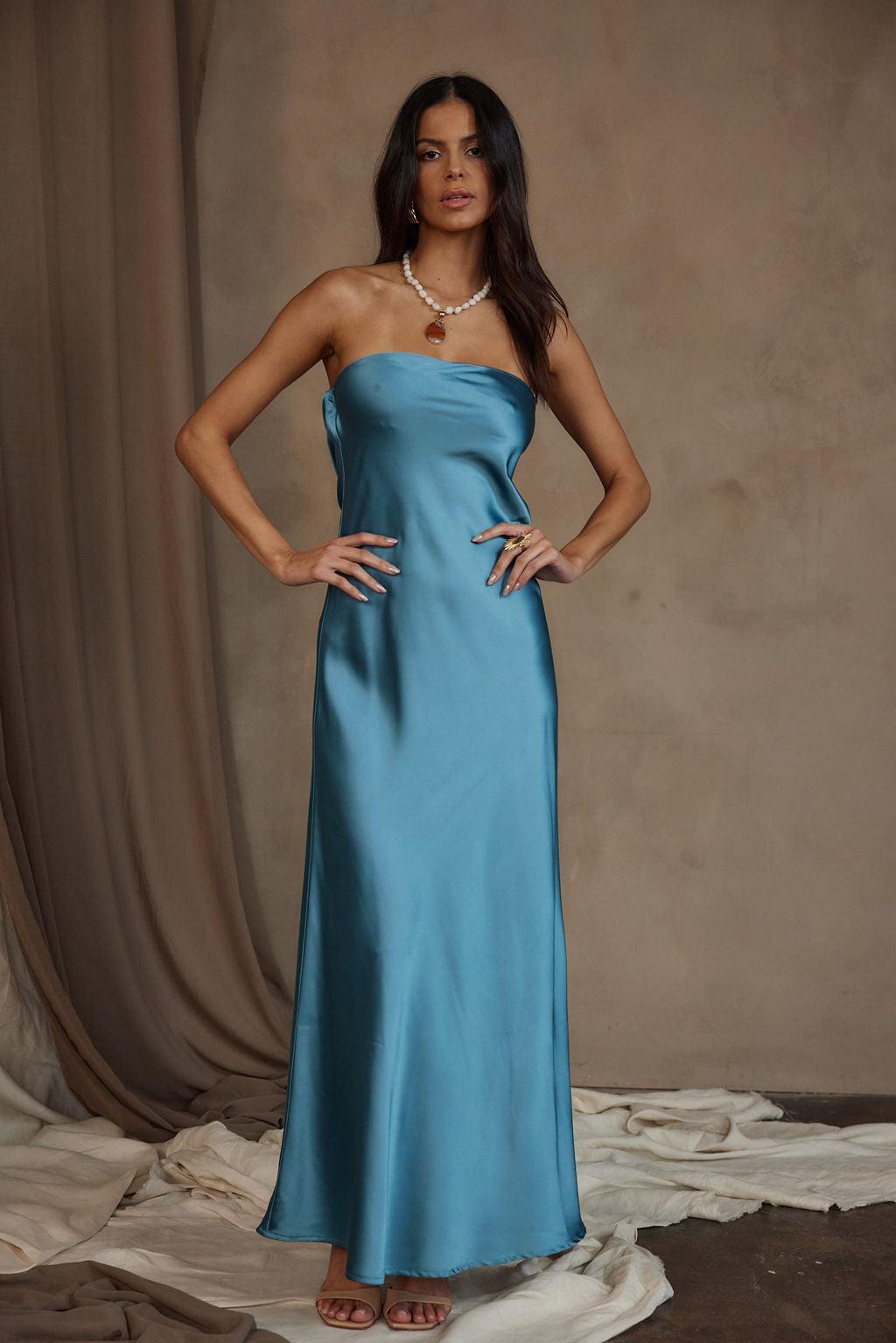 Natalia Solid Blue Strapless Maxi Dress Product Image