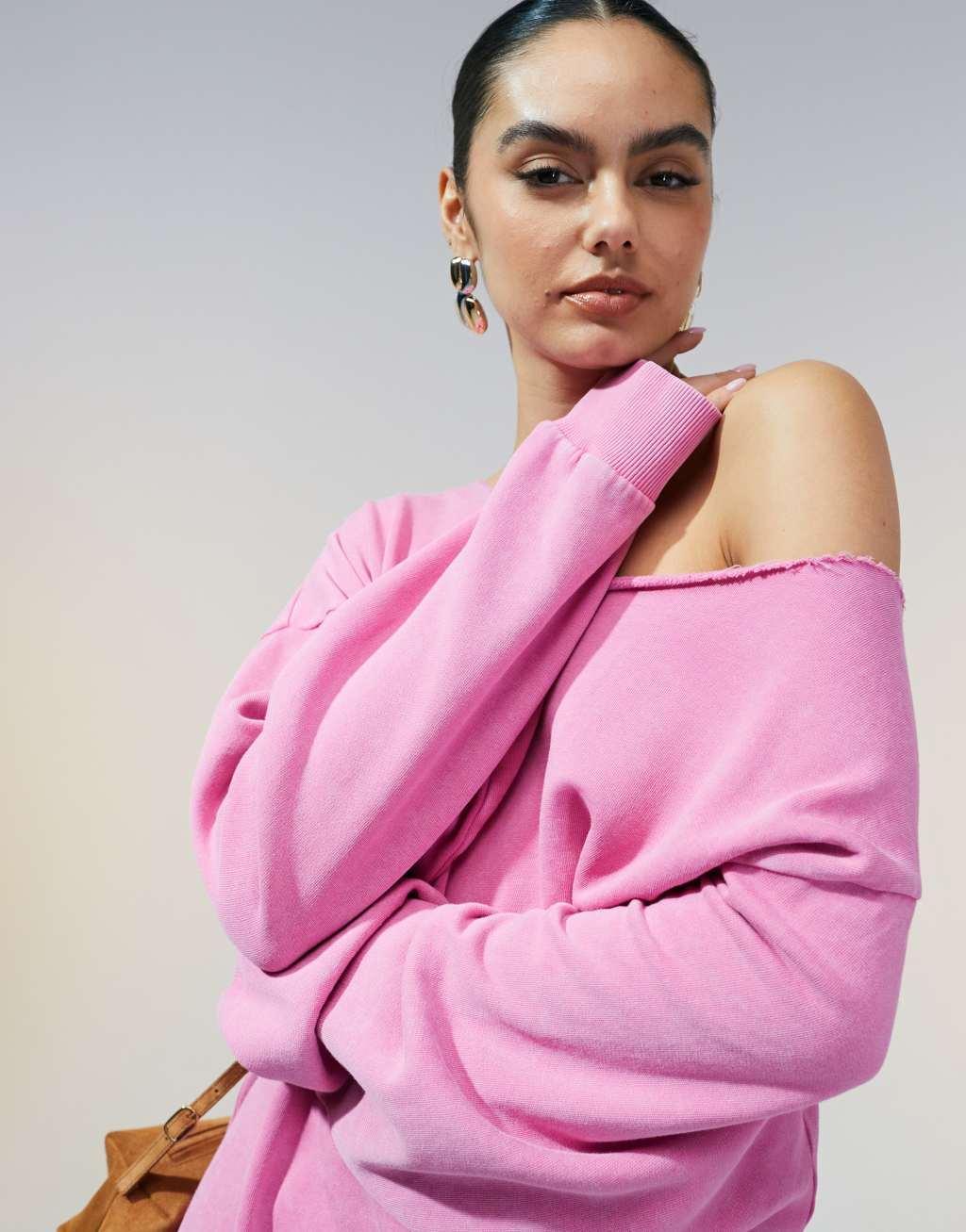 ASOS DESIGN off shoulder sweatshirt in washed pink Product Image