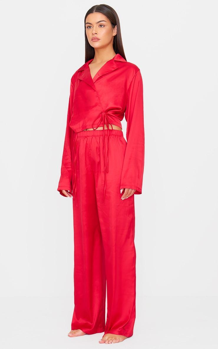 Red Satin Wrap Cropped Long Pj Set Product Image