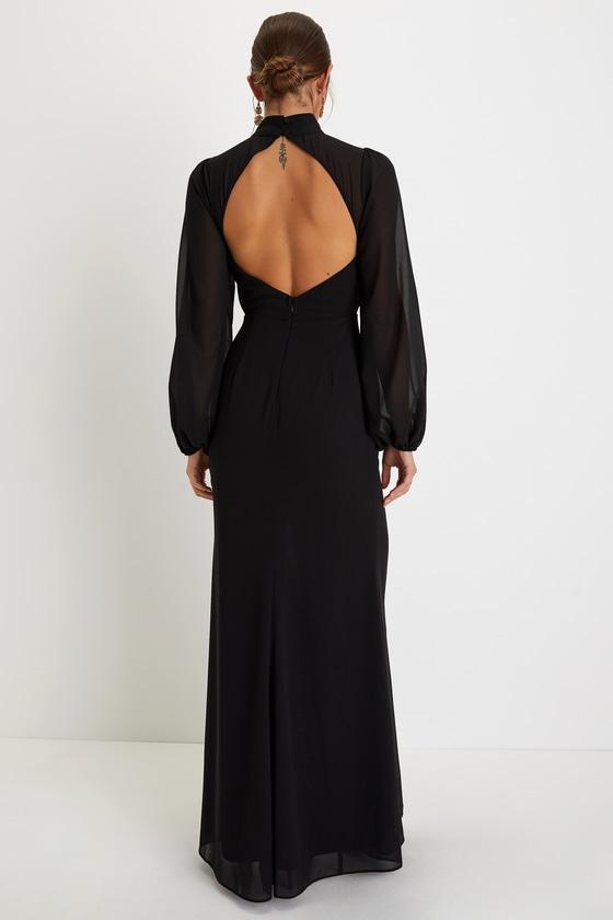Graceful Entrance Black Long Sleeve Backless Maxi Dress Product Image