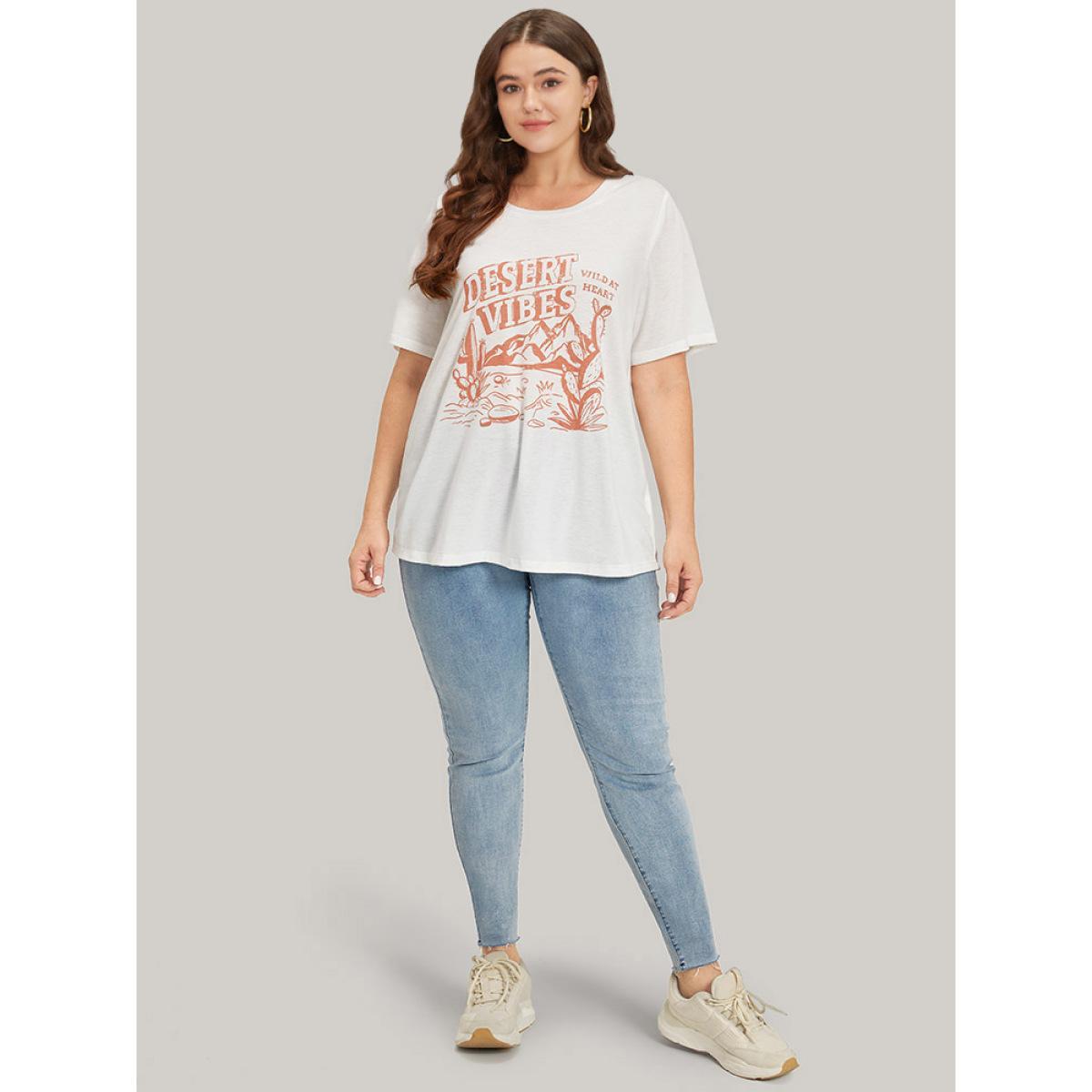 Plus Size Cactus & Letter Print Crew Neck T-shirt White Women Casual Printed Landscape Dailywear T-shirts BloomChic 28/5X Product Image