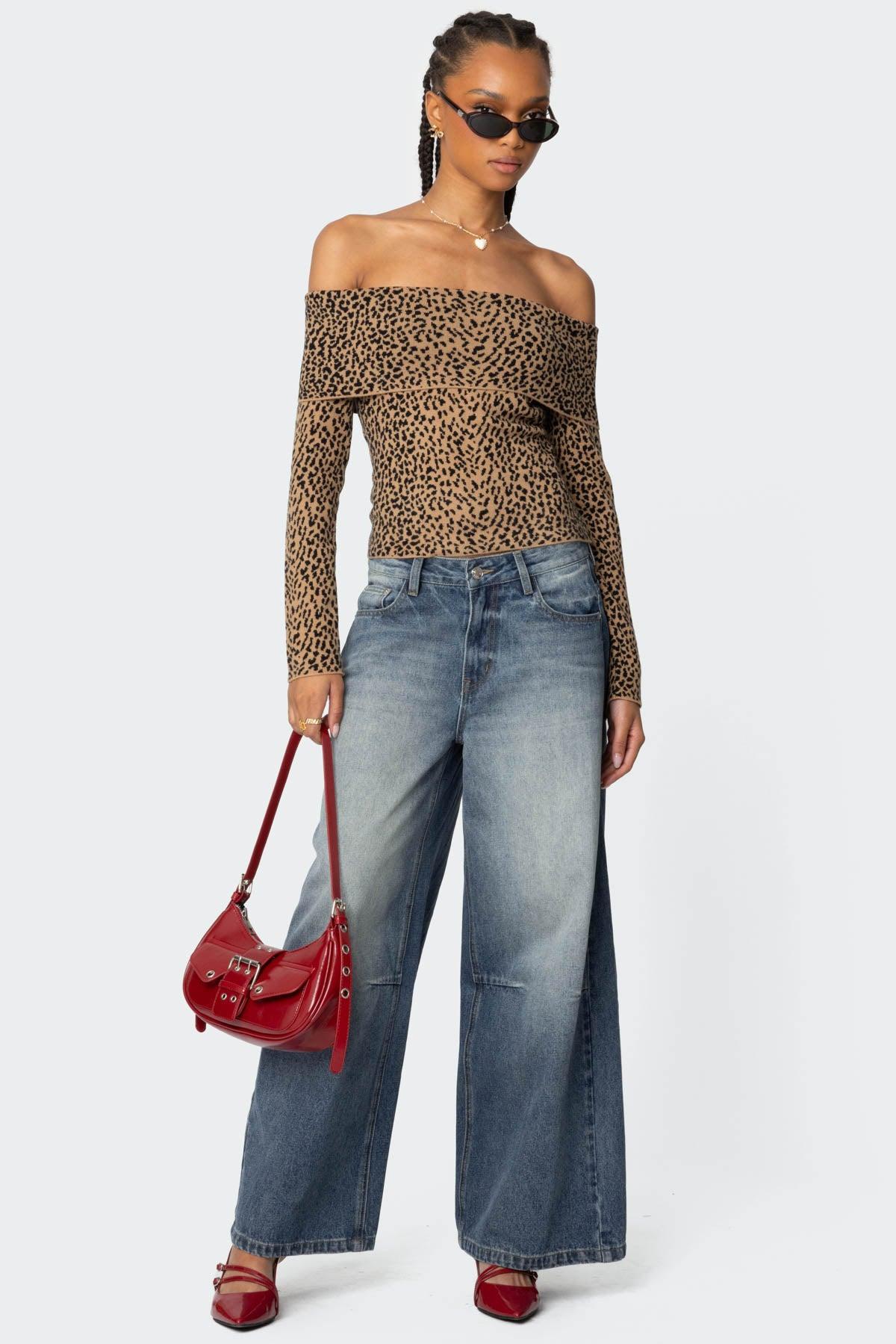 Leopard Printed Fold Over Knit Top Product Image