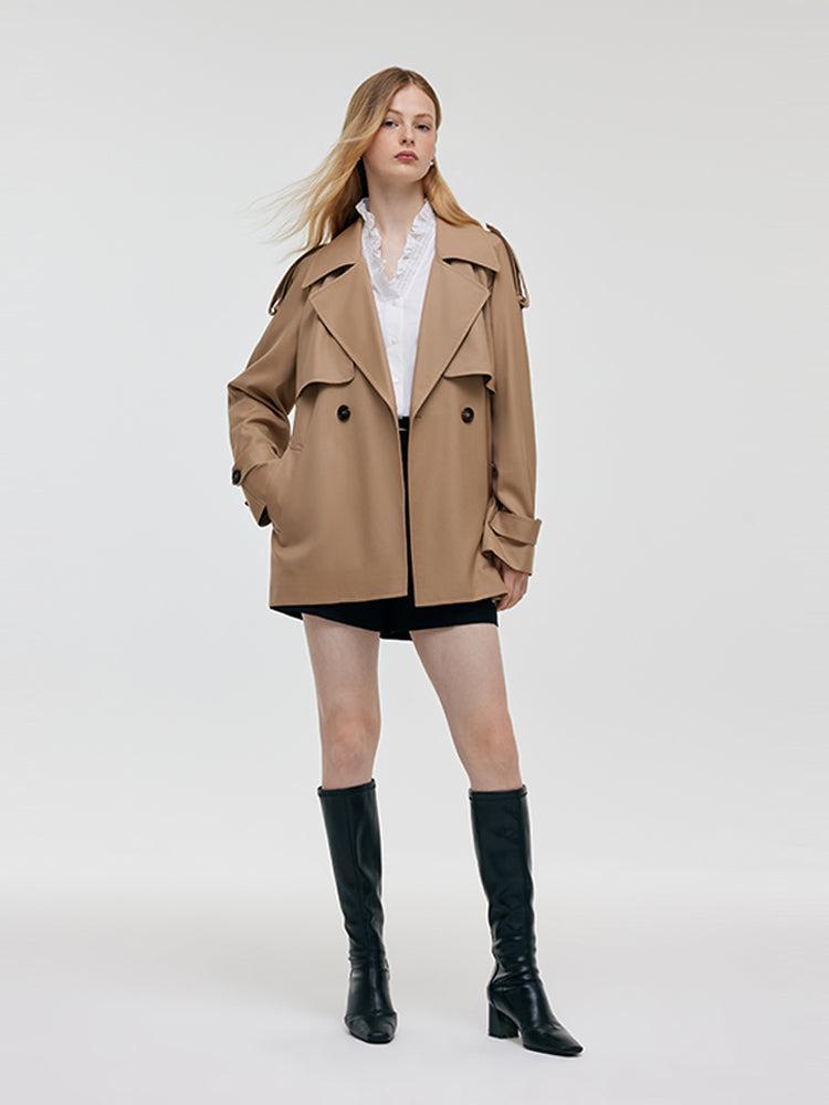 Worsted Wool Women Cropped Trench Coat With Belt Product Image