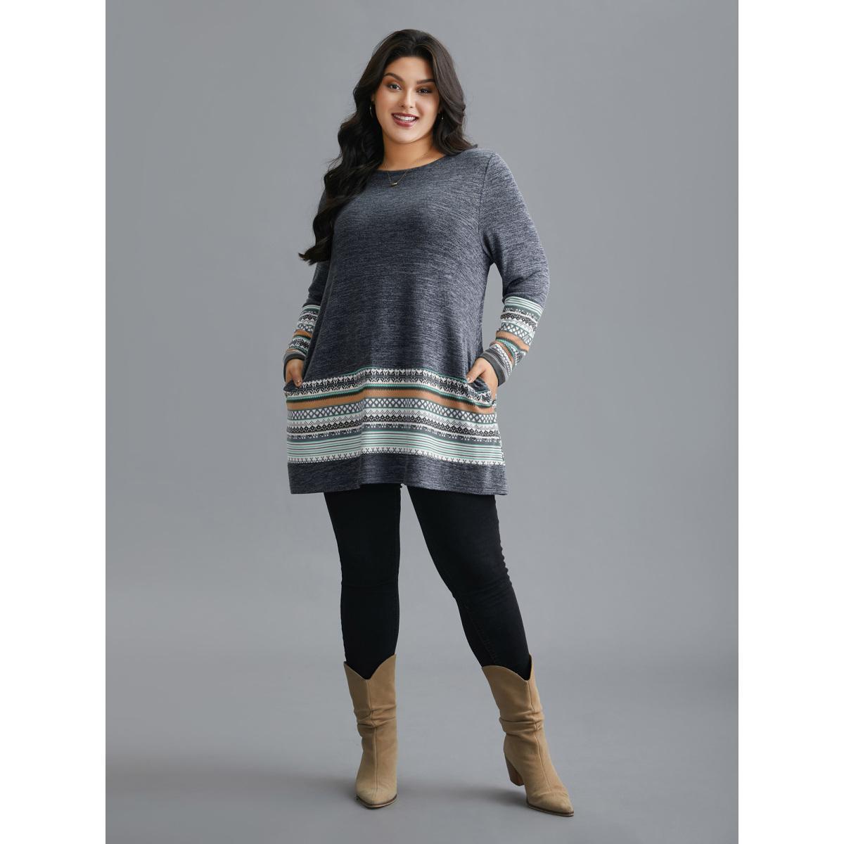 Plus Size Tunic Boho Print Pocket T-shirt Indigo Women Leisure Contrast Round Neck Loose Casual T-shirts BloomChic 28/5X Product Image