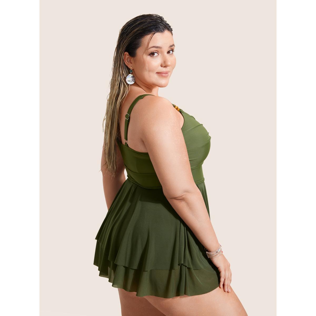 Plus Size Solid Twist Front Tiered Hem Swim Dress Women's Swimwear ArmyGreen Beach Bodycon U-neck High stretch Curve Swim Dresses BloomChic 28/5X Product Image