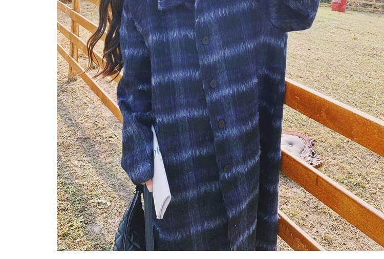 Collared Plaid Button-Up Long Coat Product Image