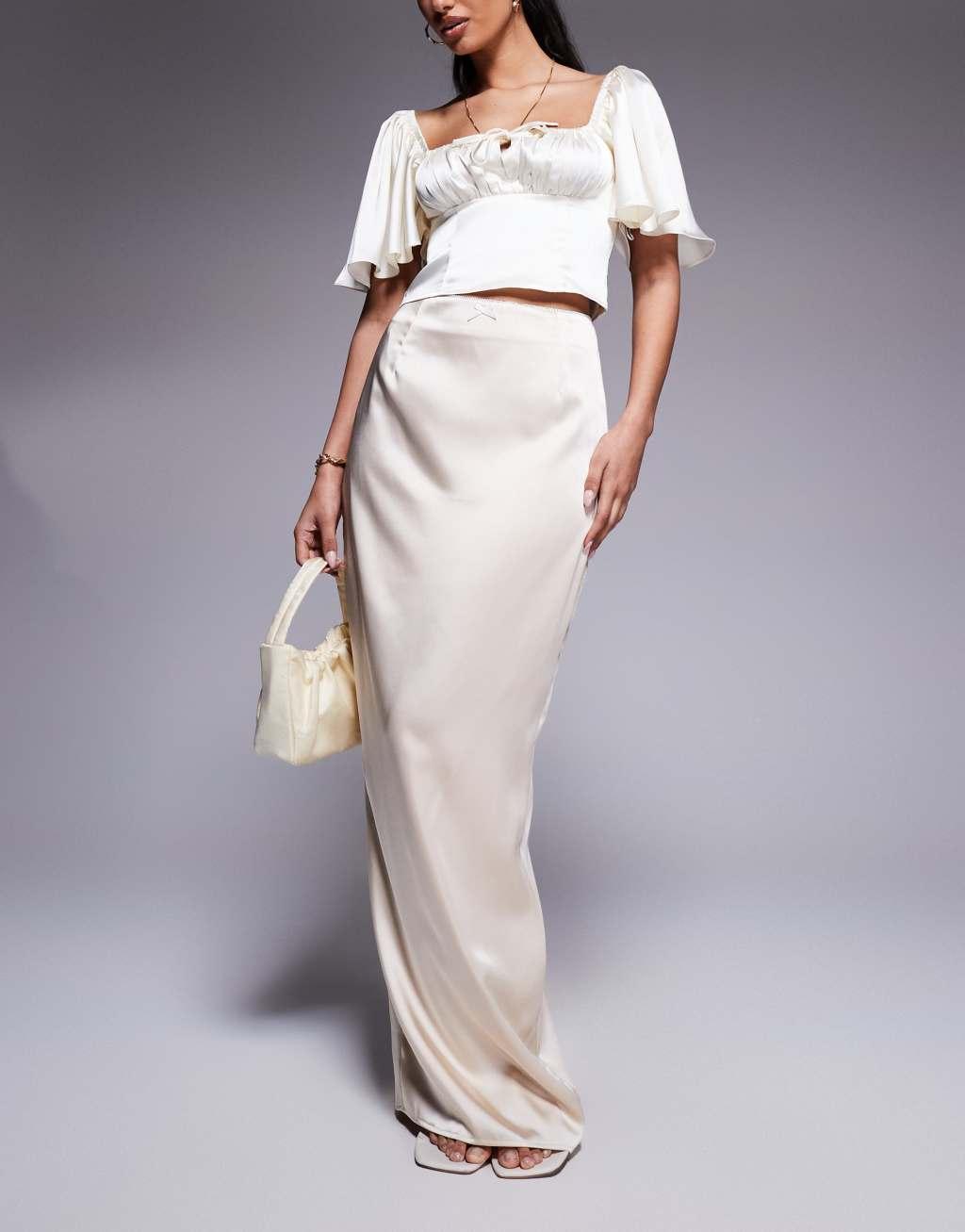 Kaiia exclusive satin bodycon bow trim detail maxi skirt in cream Product Image