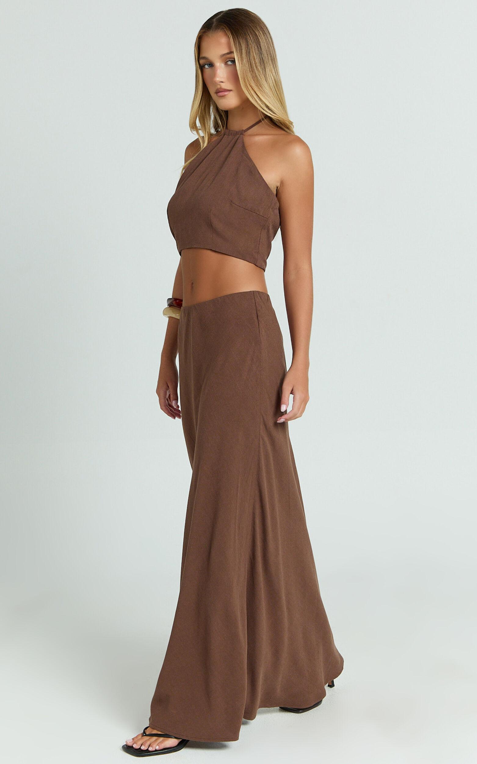 Chelsea Two Piece Set - Linen Halter Neck Top and Bias Cut Sheer Maxi Skirt in Chocolate Product Image