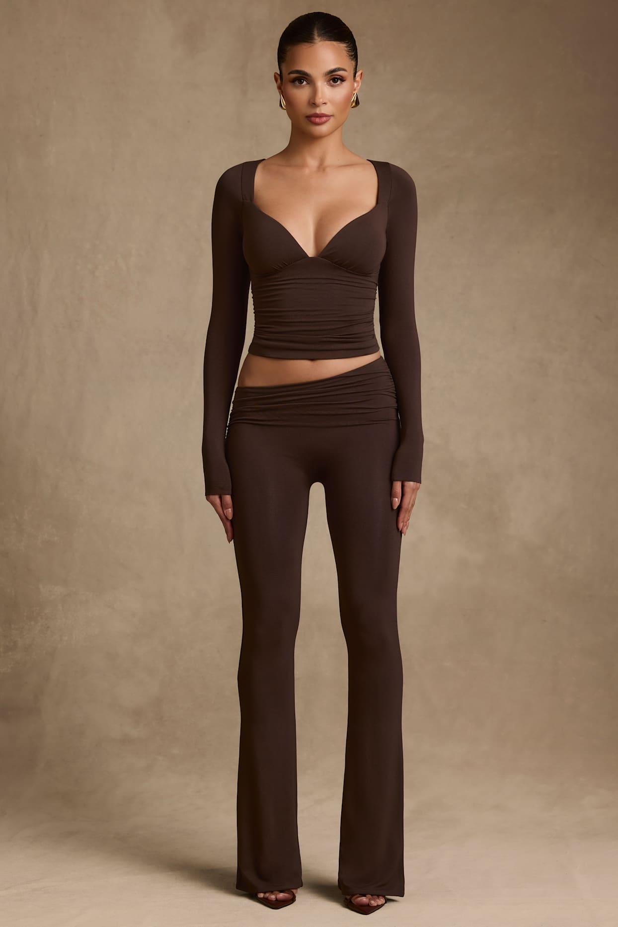 Modal Asymmetric-Waist Flared Trousers in Chocolate Brown Product Image