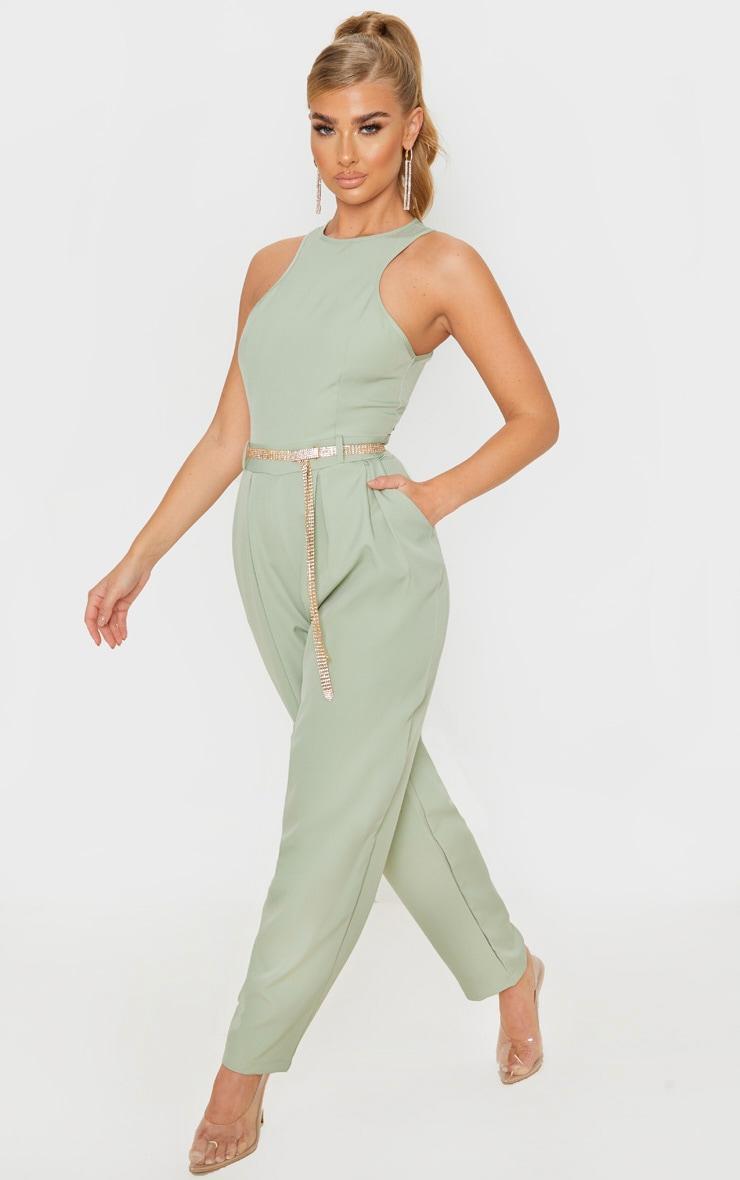 Sage Green Racer Back Pocket Detail Jumpsuit Product Image