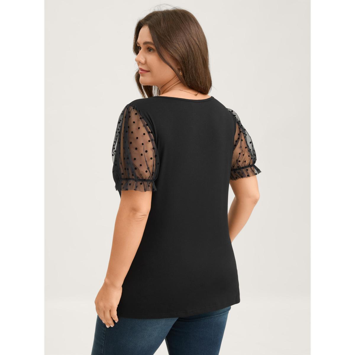 Plus Size Stretchy Sheer Textured Sleeve Solid T-Shirt Black Women Romantic See through Asymmetrical Neck Bodycon Elegant T-shirts BloomChic 28/5X Product Image