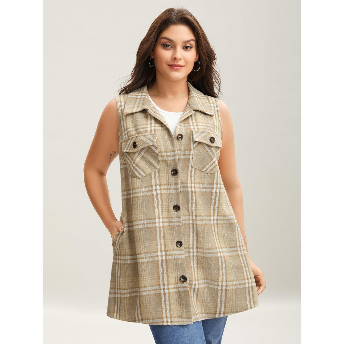 Plus Size Plaid Flap Detail Sleeveless Jacket Women LightBrown Button Side seam pocket Everyday Jackets BloomChic 28/5X Product Image